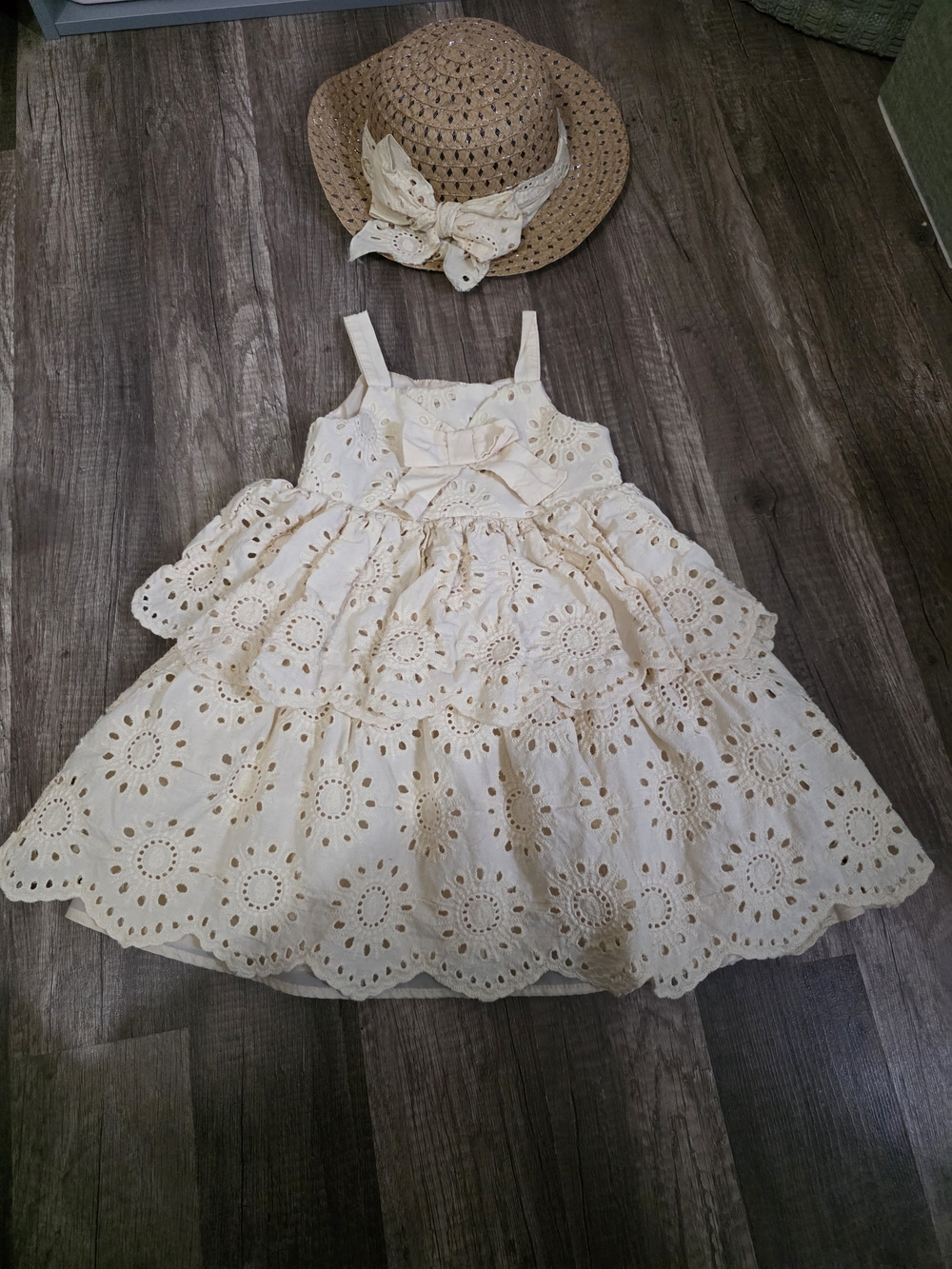 Blueberi Boulevard Cream Eyelet Ruffle Sundress with Straw Hat Accent
